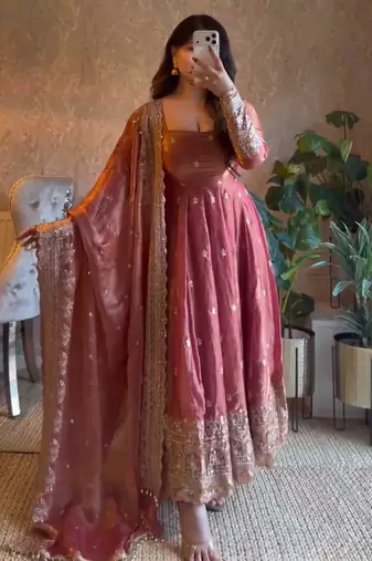 Rose fendy silk blend embroidered gown set with dupatta