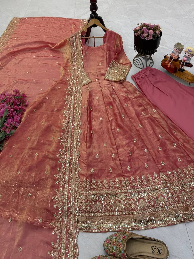 Rose fendy silk blend embroidered gown set with dupatta