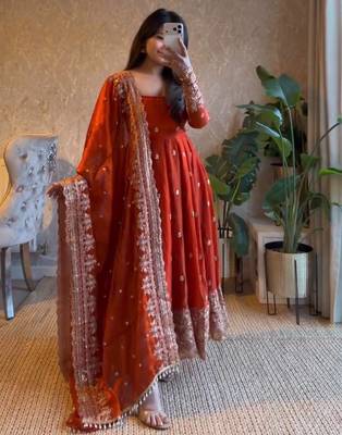 Orange fendy silk blend embroidered gown set with dupatta 1