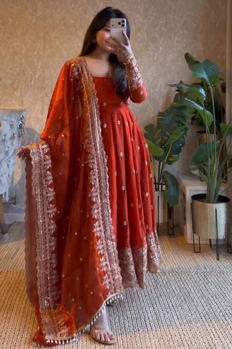 Orange fendy silk blend embroidered gown set with dupatta