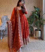 Orange fendy silk blend embroidered gown set with dupatta