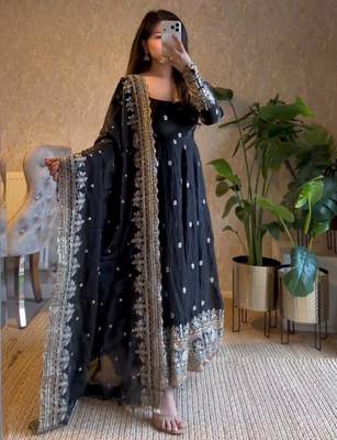 Black fendy silk blend embroidered gown set with dupatta 1