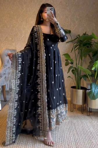 Black fendy silk blend embroidered gown set with dupatta