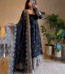 Black fendy silk blend embroidered gown set with dupatta