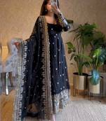 Black fendy silk blend embroidered gown set with dupatta