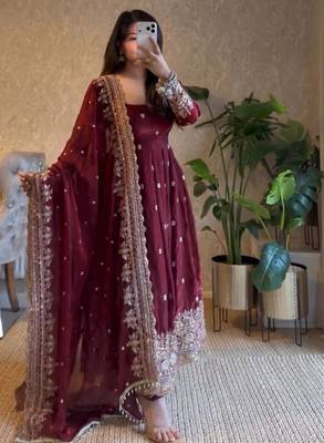 Plum fendy silk blend embroidered gown set with dupatta 1