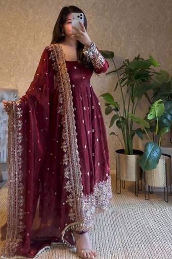 Plum fendy silk blend embroidered gown set with dupatta