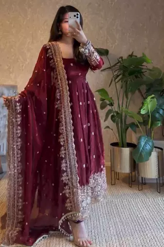 Plum fendy silk blend embroidered gown set with dupatta