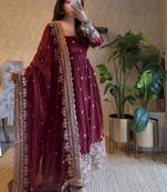 Plum fendy silk blend embroidered gown set with dupatta