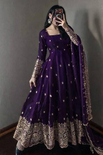 Purple fendy silk blend embroidered gown set with dupatta