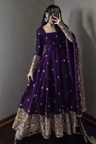 Purple fendy silk blend embroidered gown set with dupatta