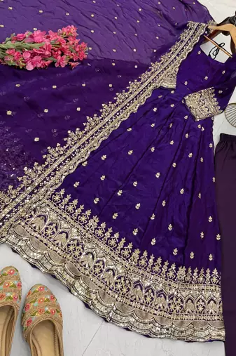 Purple fendy silk blend embroidered gown set with dupatta