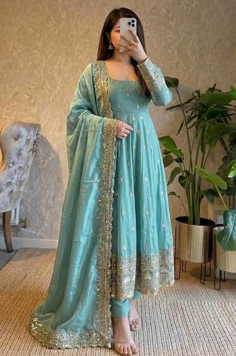 Mint green fendy silk blend embroidered gown set with dupatta