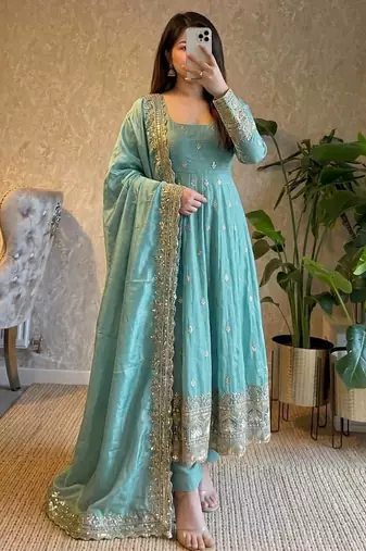 Mint green fendy silk blend embroidered gown set with dupatta