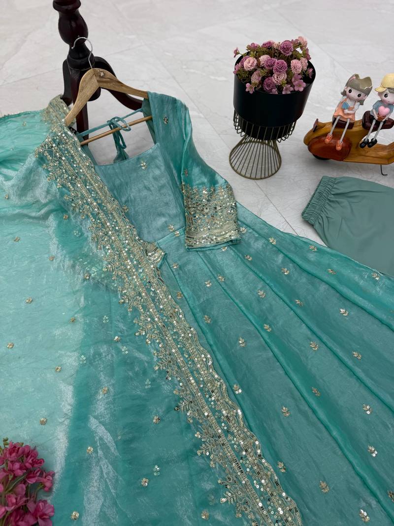 Mint green fendy silk blend embroidered gown set with dupatta