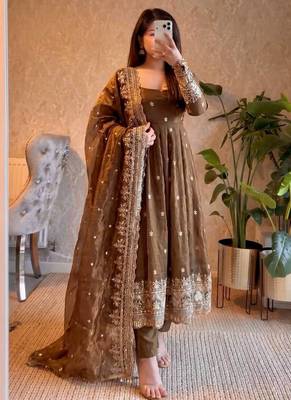 Brown fendy silk blend embroidered gown set with dupatta 1