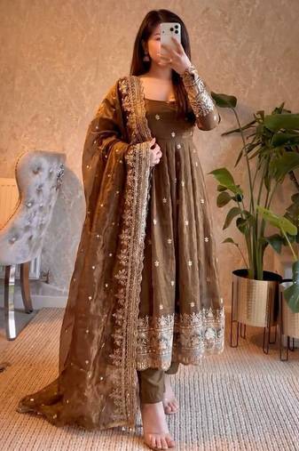 Brown fendy silk blend embroidered gown set with dupatta