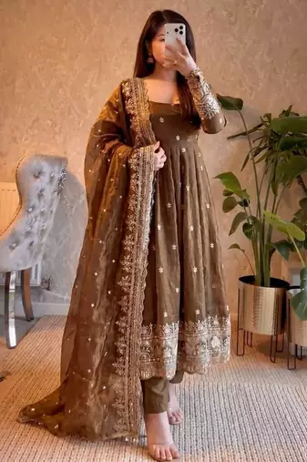 Brown fendy silk blend embroidered gown set with dupatta
