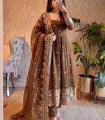 Brown fendy silk blend embroidered gown set with dupatta