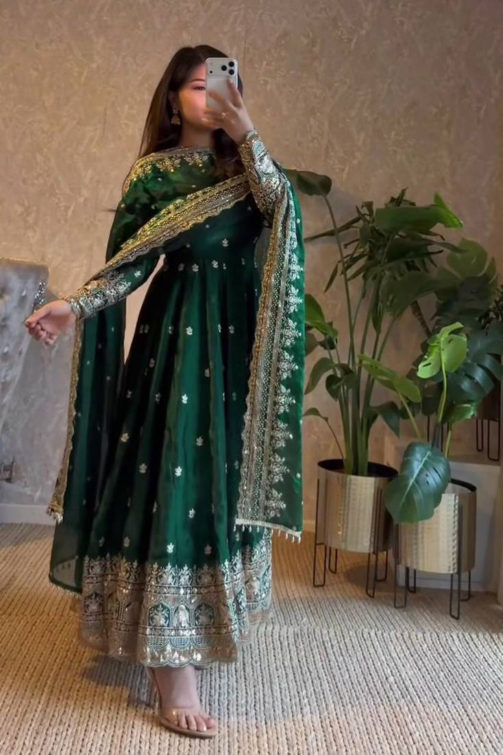 Green fendy silk blend embroidered gown set with dupatta