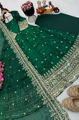 Green fendy silk blend embroidered gown set with dupatta