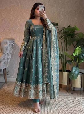 Blue fendy silk blend embroidered gown set with dupatta 1