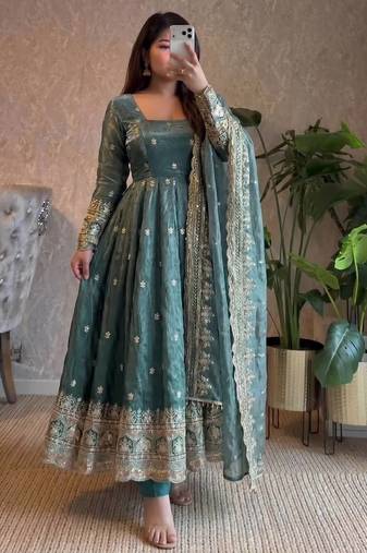 Blue fendy silk blend embroidered gown set with dupatta