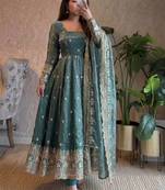Blue fendy silk blend embroidered gown set with dupatta