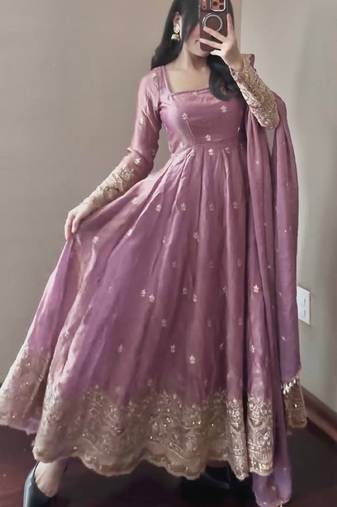 Pink fendy silk blend embroidered gown set with dupatta