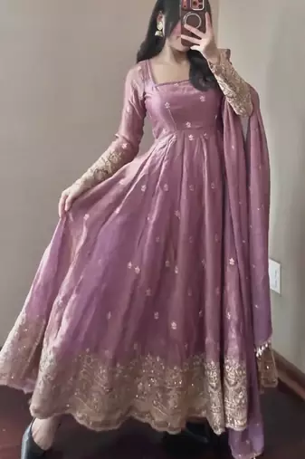 Pink fendy silk blend embroidered gown set with dupatta