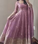 Pink fendy silk blend embroidered gown set with dupatta