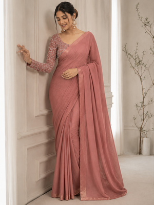 Chiku Color Embroidered Silk Blend Saree 1