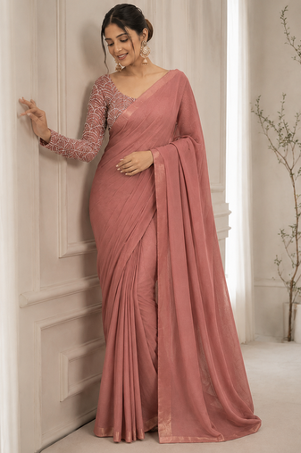 Chiku Color Embroidered Silk Blend Saree