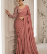 Chiku Color Embroidered Silk Blend Saree