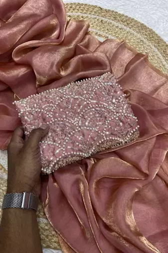 Chiku Color Embroidered Silk Blend Saree