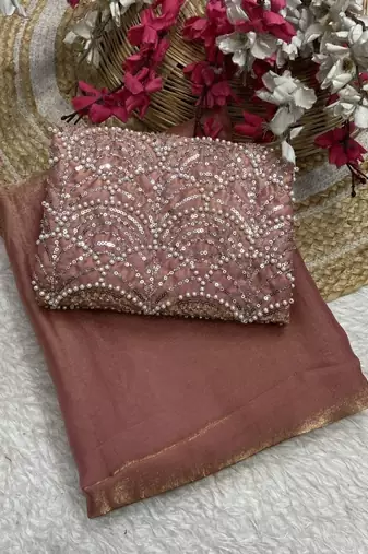 Chiku Color Embroidered Silk Blend Saree