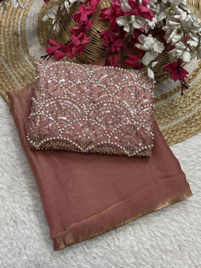 Chiku Color Embroidered Silk Blend Saree