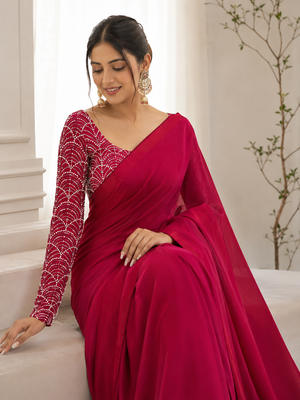 Dark Red Color Embroidered Silk Blend Saree 1