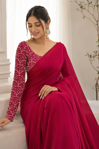 Dark Red Color Embroidered Silk Blend Saree