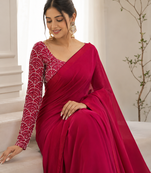 Dark Red Color Embroidered Silk Blend Saree