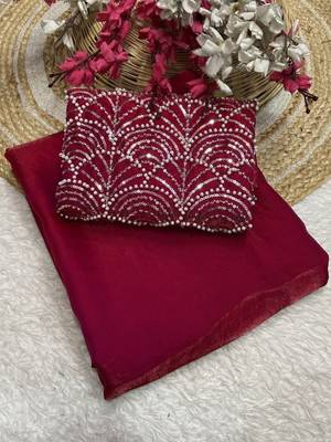 Dark Red Color Embroidered Silk Blend Saree 5