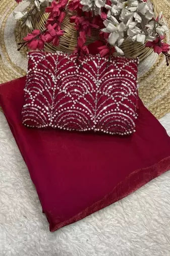 Dark Red Color Embroidered Silk Blend Saree