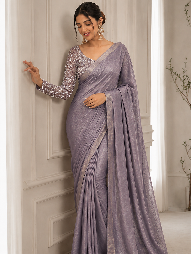 Lavender Color Embroidered Silk Blend Saree