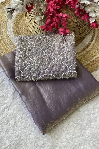 Lavender Color Embroidered Silk Blend Saree