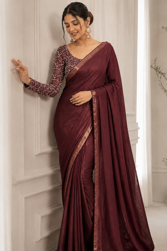 Maroon Color Embroidered Silk Blend Saree