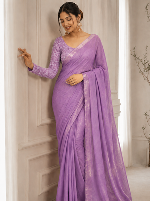 Onion Pink Color Embroidered Silk Blend Saree 1