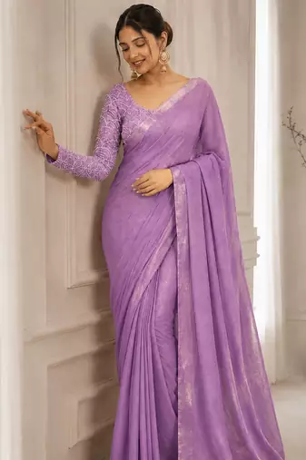 Onion Pink Color Embroidered Silk Blend Saree
