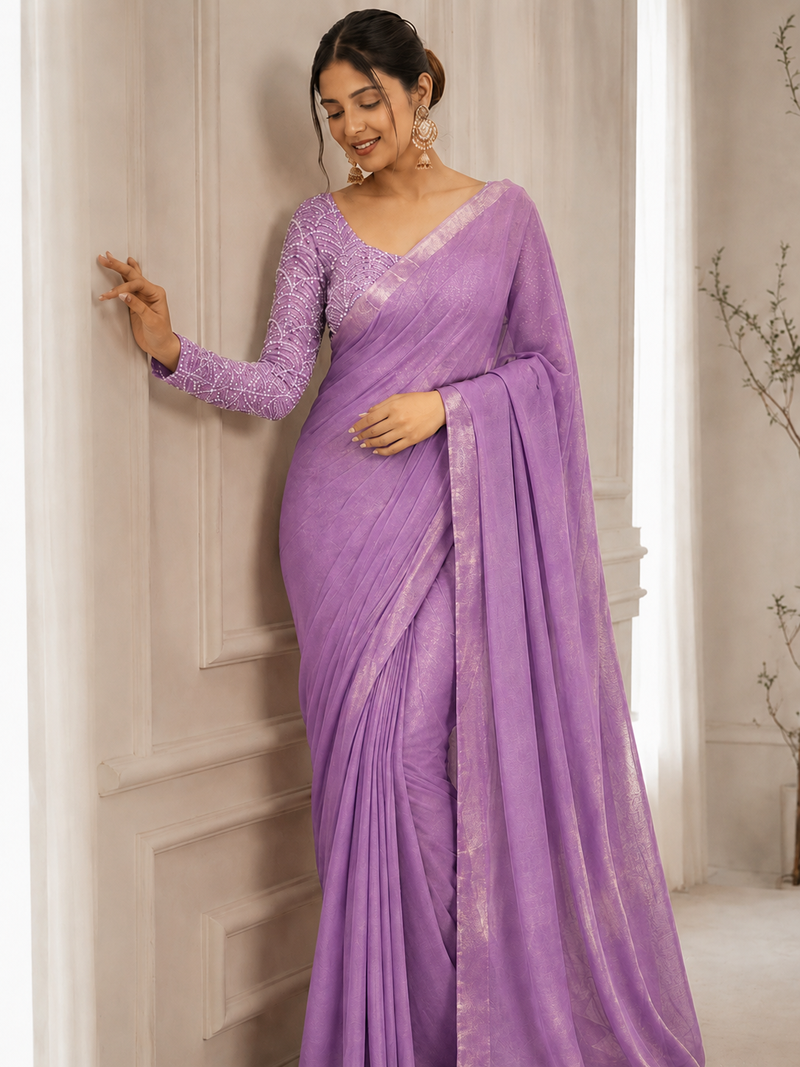Onion Pink Color Embroidered Silk Blend Saree
