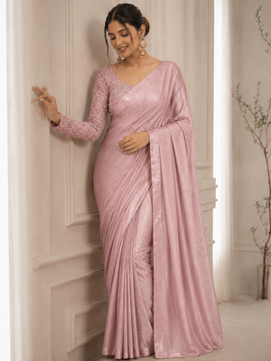 Peach Color Embroidered Silk Blend Saree 1