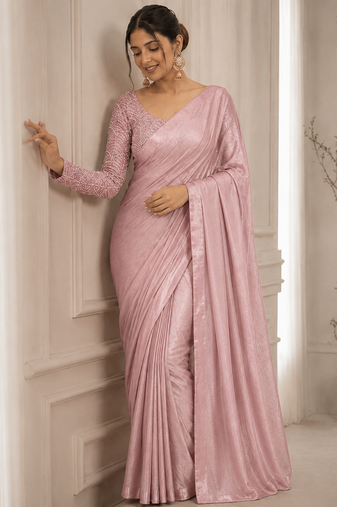 Peach Color Embroidered Silk Blend Saree